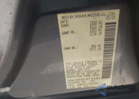 2014 Nissan Altima 2.5/2.5 S/2.5 Sl/2.5 Sv z USA, uszkodzony, nr VIN 1N4AL3AP3EN373591